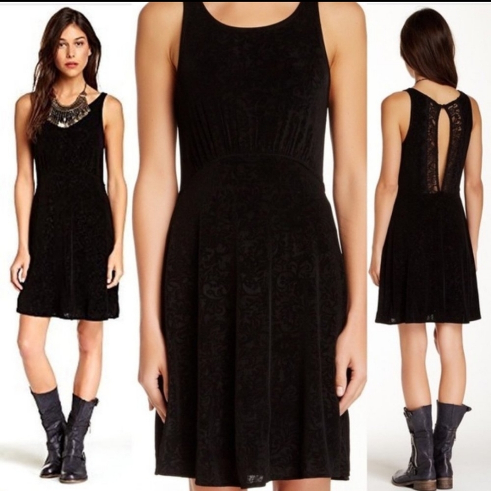 Free People Lady Jane black lace floral print open back sleeveless dress…